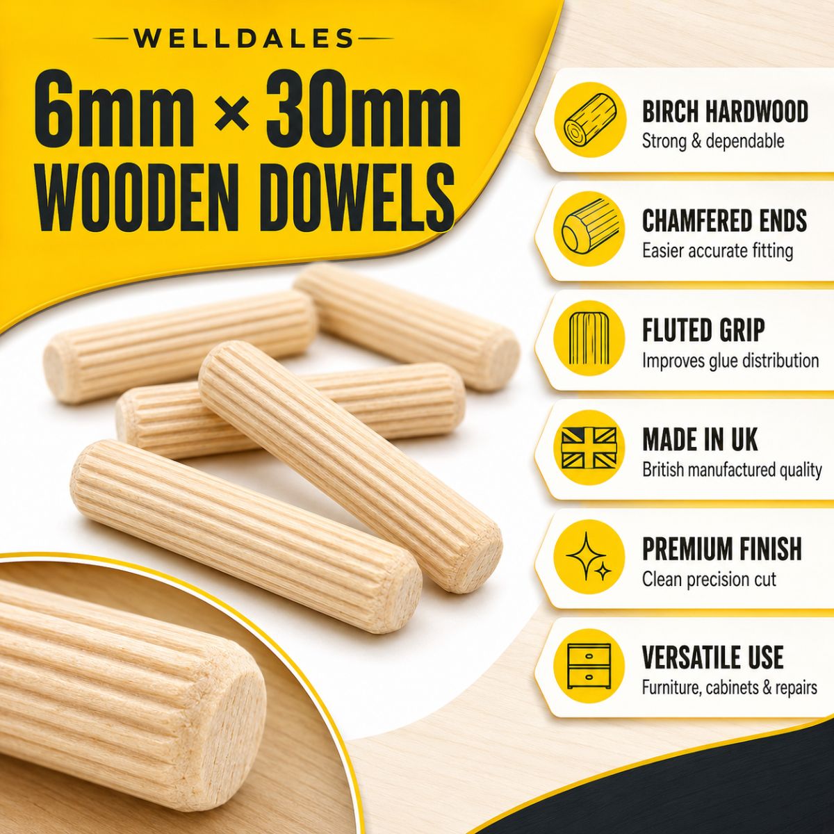 Premium Quality 30mm x 6mm Wooden Dowels UK Hardwood Birch Furniture Dowel Pins Dimensions Feature 2